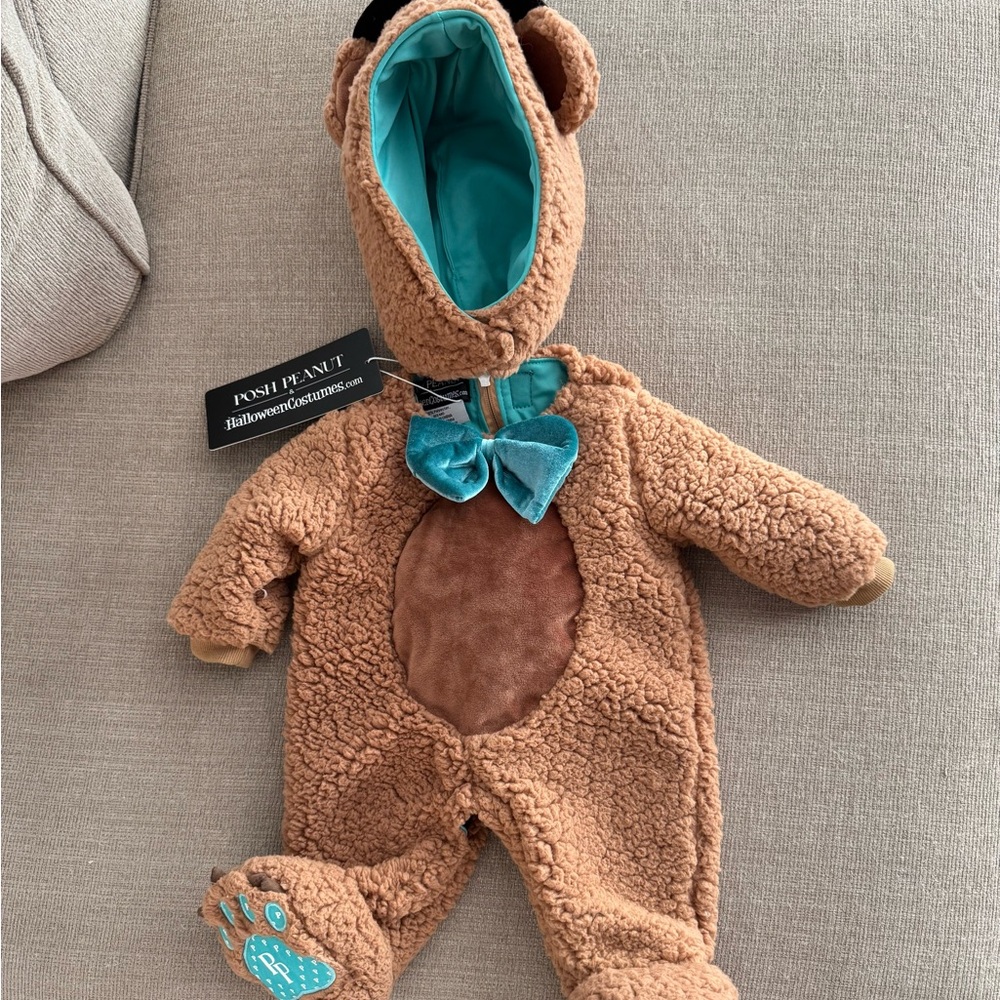 Posh Peanut Brown Bear Baby Costume with Teal Accents